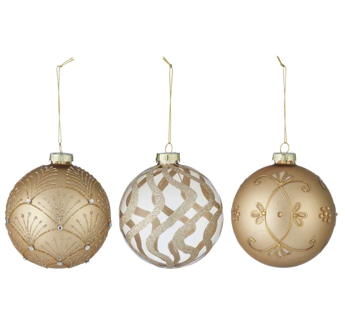 Set of 3 matte gold glass baubles with glitter and embellished detailing, 10cm Christmas decorations.