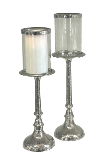 Hammered Pillar Candlestick W/Glass 48cm