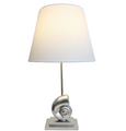 Antique Shell Lamp with silver shell base, white linen shade, and 70cm height.