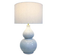 Aura Seafoam Lamp with double-gourd ceramic base in soft seafoam and natural linen shade, coastal-inspired table lamp.