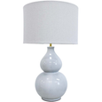 Aura Seafoam Lamp with double-gourd ceramic base in soft seafoam and natural linen shade, coastal-inspired table lamp.