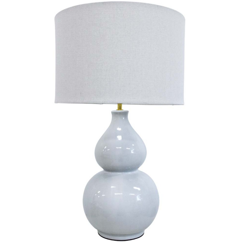 Aura Seafoam Lamp with double-gourd ceramic base in soft seafoam and natural linen shade, coastal-inspired table lamp.
