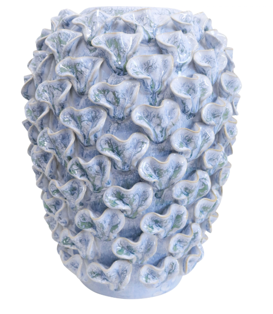 Textured blue ceramic vase with coral-inspired sculptural detailing and a glossy finish, perfect for Hamptons or coastal home styling.