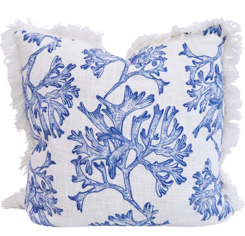 Azure Coral Cushion with blue hand-drawn coral design on white cotton fabric and fringed edges, 50x50cm.