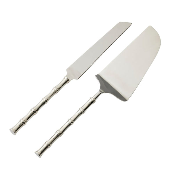 Bambury Cake Servers Set of 2 in polished silver stainless steel with bamboo-inspired handles, presented in white gift box.
