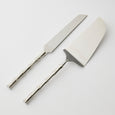 Bambury Cake Servers Set of 2 in polished silver stainless steel with bamboo-inspired handles, presented in white gift box.