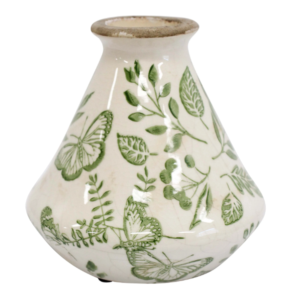 Small ceramic bud vase with green butterfly and foliage design on an off-white base, 12x12x12cm.