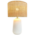 Cayman Rattan Lamp with white ceramic base and natural woven rattan shade, 53cm height.