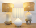 Cayman Rattan Lamp with white ceramic base and natural woven rattan shade, 53cm height.