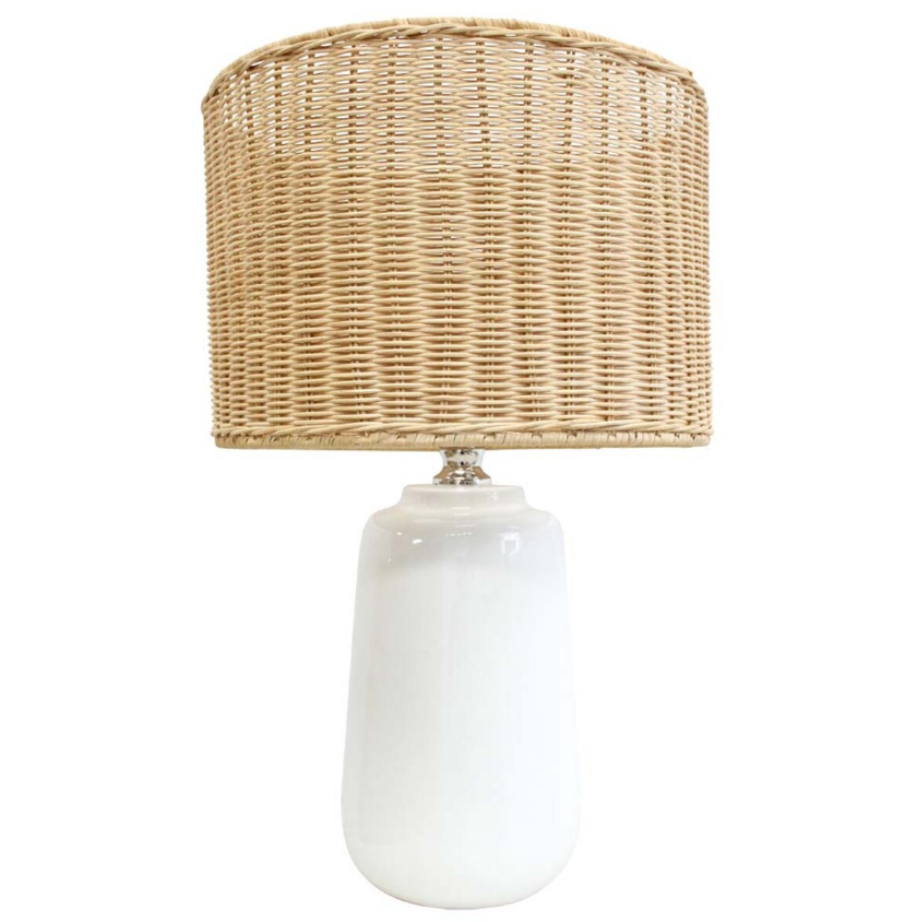 Cayman Rattan Lamp with white ceramic base and natural woven rattan shade, 53cm height.