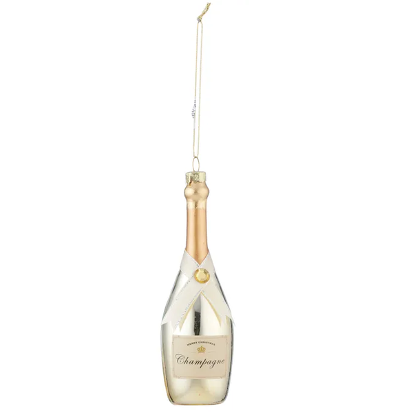 Glass champagne bottle Christmas ornament in gold finish with hanging string.