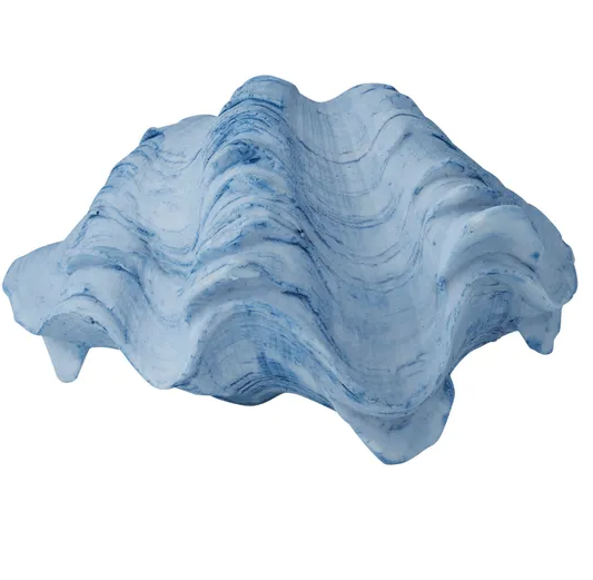 A decorative resin object shaped like a large clam shell, shown with the two halves joined. The shell has a pronounced, wavy, and ribbed texture and is a matte white colour with blue wash or streaks following the lines of the shell.