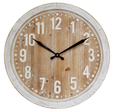 Hamptons-style round wall clock with whitewashed MDF frame, raised white numerals, and natural timber-look face, 60cm diameter.