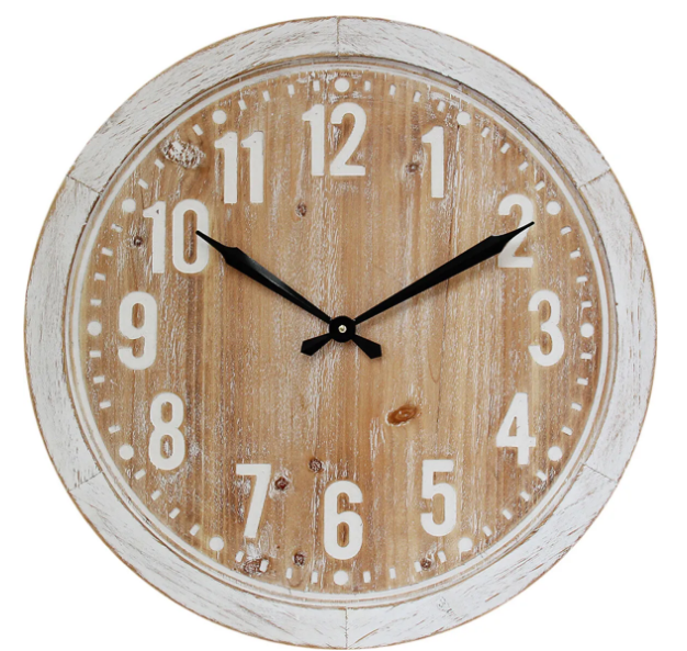 Hamptons-style round wall clock with whitewashed MDF frame, raised white numerals, and natural timber-look face, 60cm diameter.