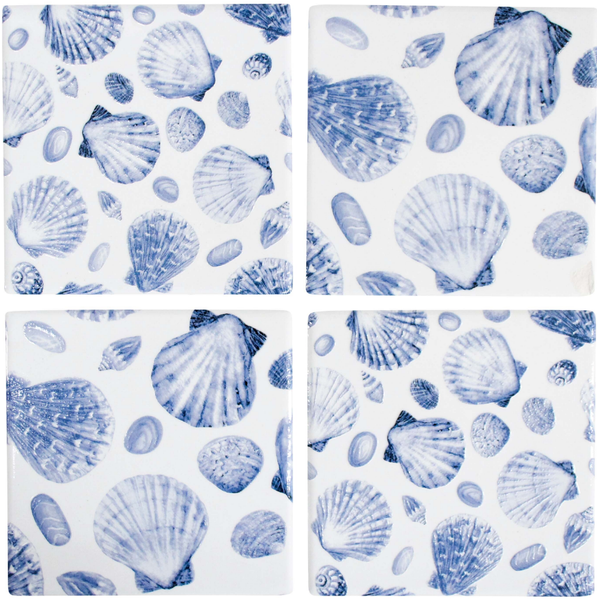 Set of 4 ceramic coasters with blue shell pattern on a white background, 10x10cm.