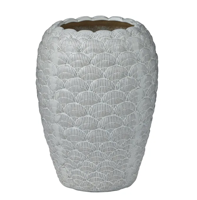 A tall, oval-shaped ceramic vase with a textured surface resembling overlapping cockle shells. The vase is a matte white colour, with a slightly irregular, sculpted rim at the top.