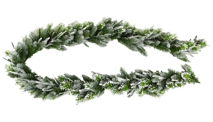 Snow-frosted 270cm pine garland with realistic greenery, Christmas decoration for mantel, staircase, or doorway styling.