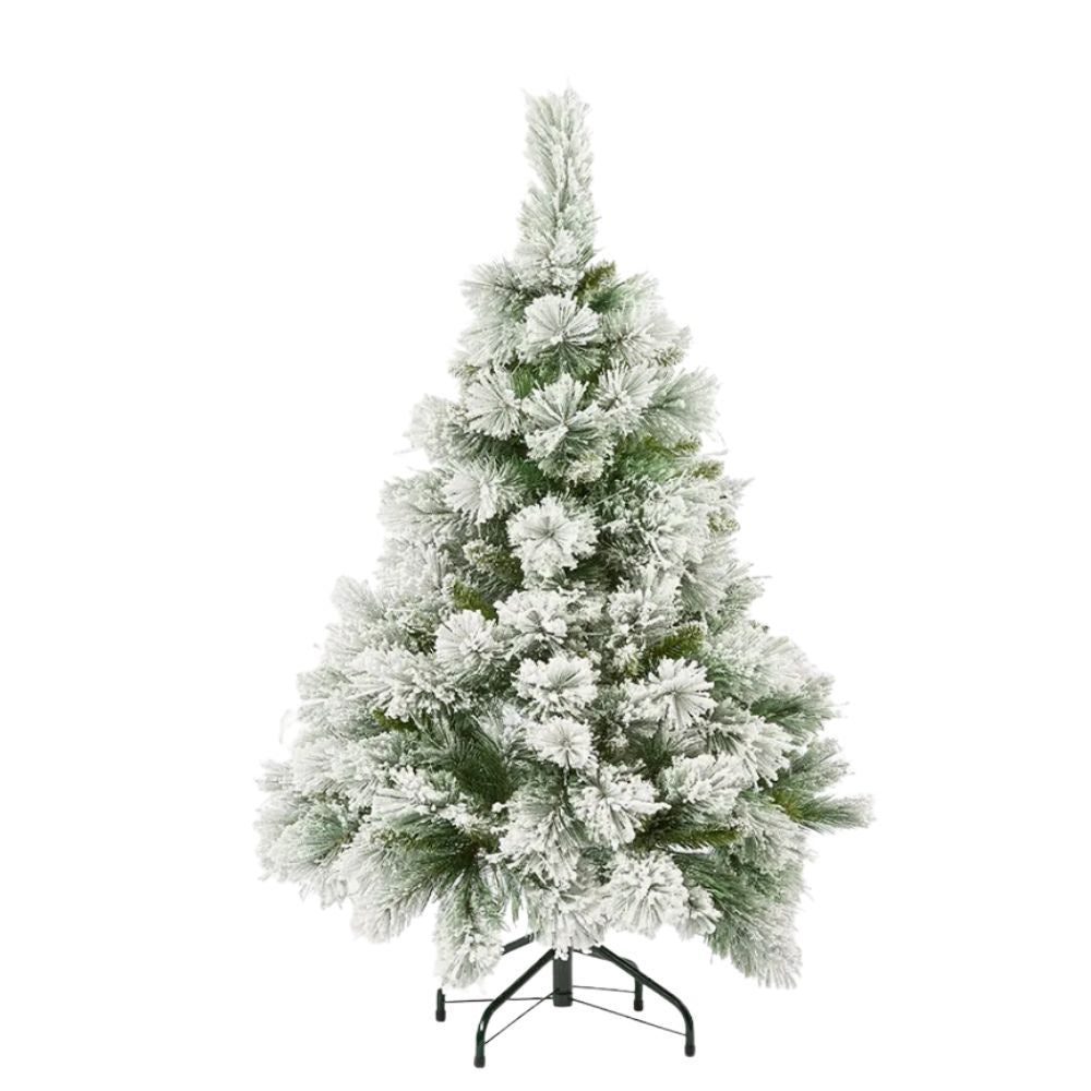 Emerald Pine Snow Tip Tree 120cm with frosted snow-dusted branches on a sturdy iron stand