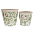 Enchanted Planters Set of 2 – handcrafted ceramic pots with leafy design, rustic finish, large and medium sizes.