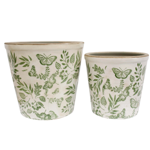 Enchanted Planters Set of 2 – handcrafted ceramic pots with leafy design, rustic finish, large and medium sizes.