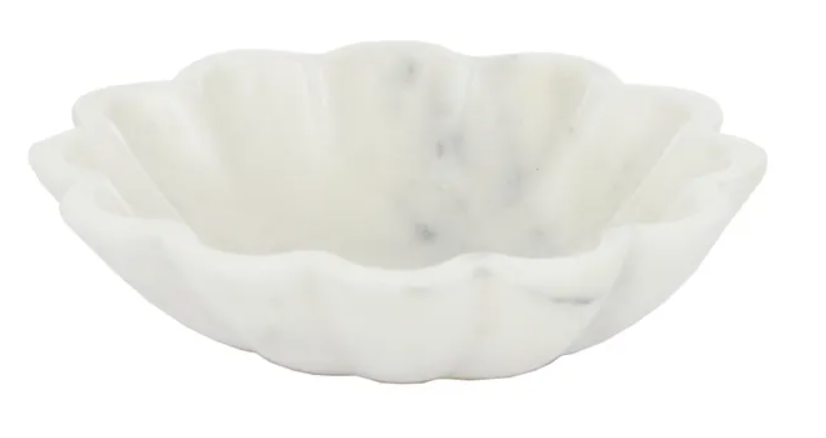 A white marble bowl with a grey vein, suitable for decorator items on coffee tables or consoles.