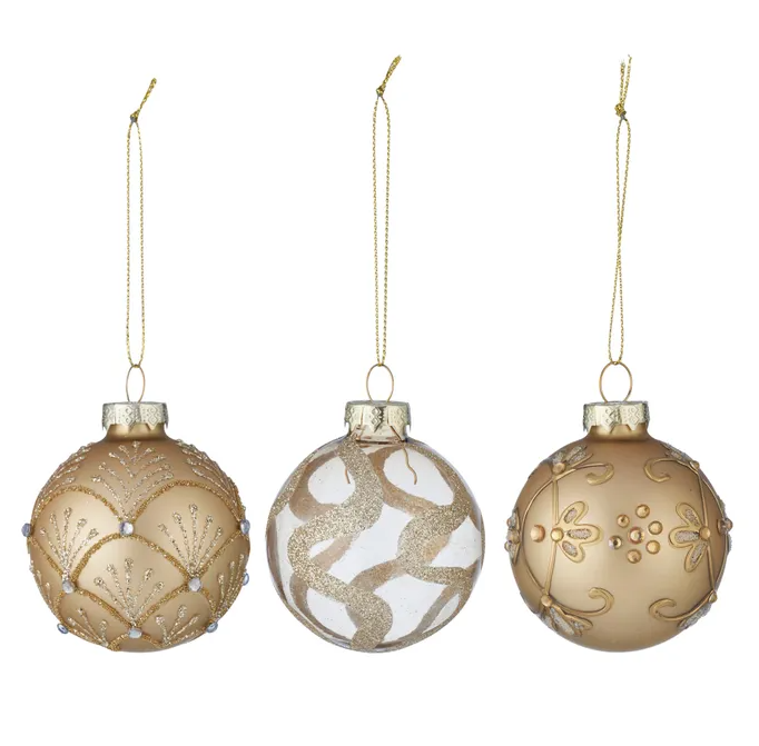 Set of 3 embellished matte gold glass baubles with glitter and bead details, 6cm each.