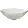 A wide, shallow, and curved decorative dish shaped like a large scallop shell. It has a ribbed texture and is a matte white colour. The dish is shown from the front.