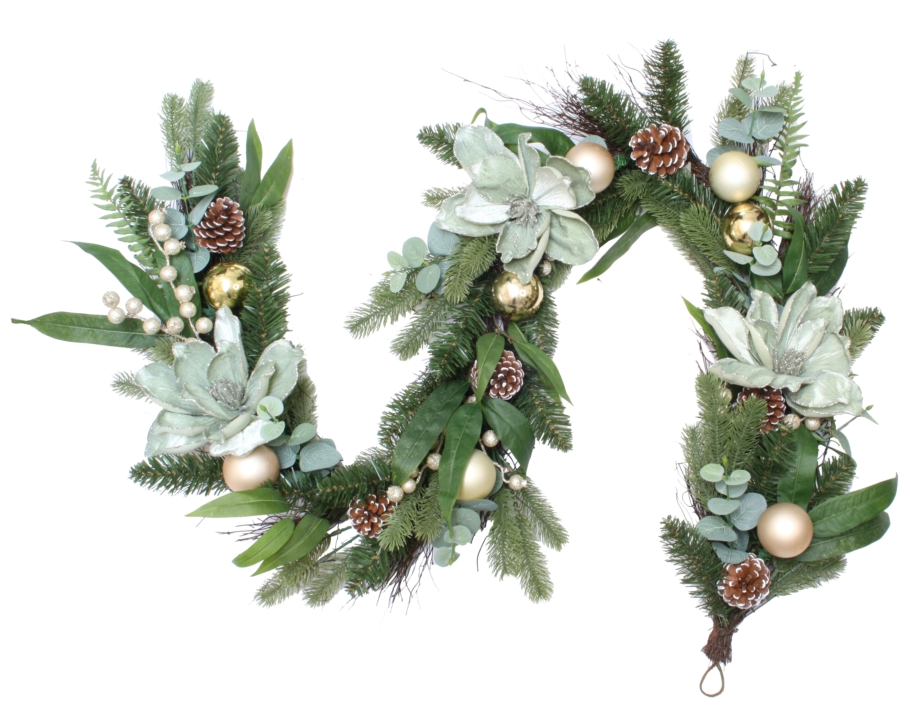 Magnolia Forest Garland 180cm with magnolia flowers, pinecones, gold baubles, and green foliage, Christmas decoration for mantel or entryway.