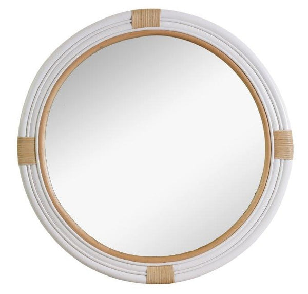 Round Marina Rattan Mirror with white rattan wrap and natural twine detail, hand-crafted coastal wall mirror, 80cm diameter.