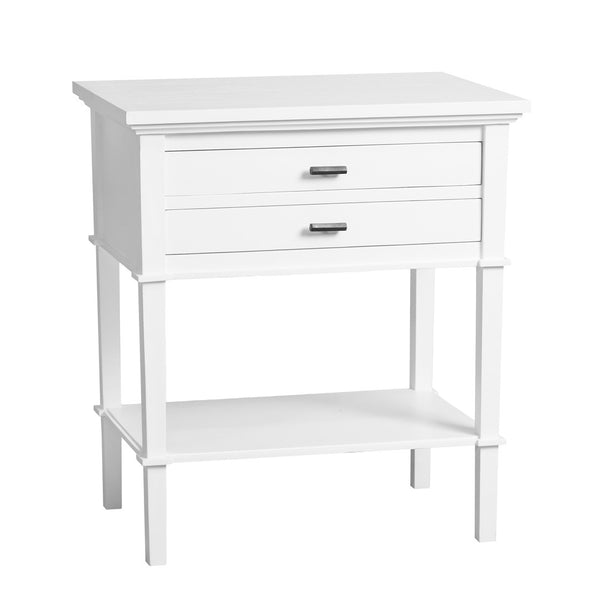 A tall, rectangular bedside table painted in a crisp white finish. It features two drawers stacked on top of an open lower shelf. The drawers have thin, streamlined black metallic handles, and the table legs are straight.