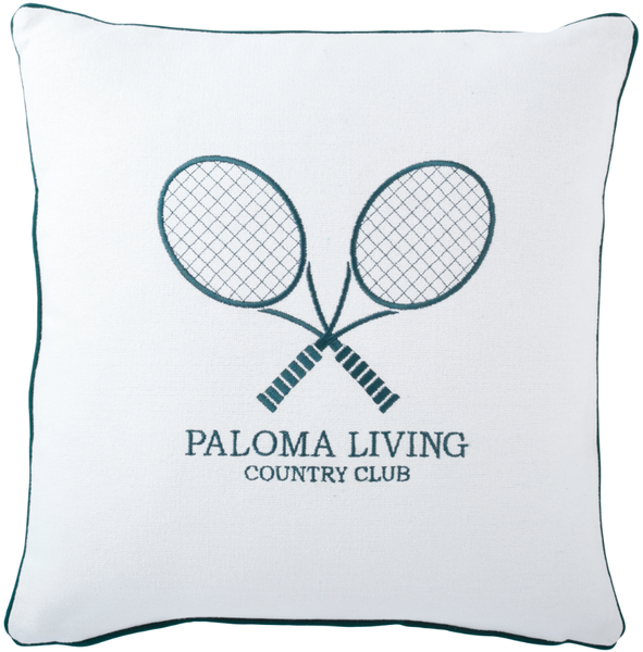 Paloma Tennis Club Cushion 50cm in white cotton with embroidered crossed tennis racquets, Paloma Living Country Club logo, and contrast piping.