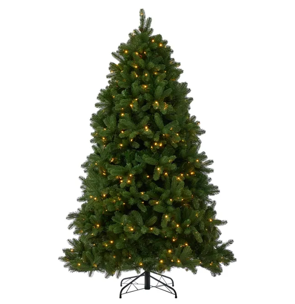 Artificial Pine Needle Christmas Tree 180cm with warm LED lights and sturdy stand.