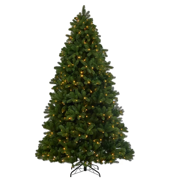 Artificial Pine Needle Christmas Tree 210cm with warm LED lights and sturdy stand.