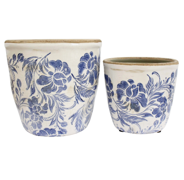 A set of two ceramic planters in two different sizes. Both are decorated with a hand-painted blue floral and leaf pattern on a rustic white background. The planters have a rounded, tapered shape and a slightly rustic, uneven finish.