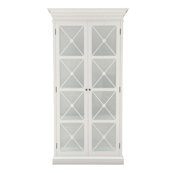 Provincial Two Doors Display Cabinet in satin white finish with glass-front doors, brass knobs, and internal shelving.