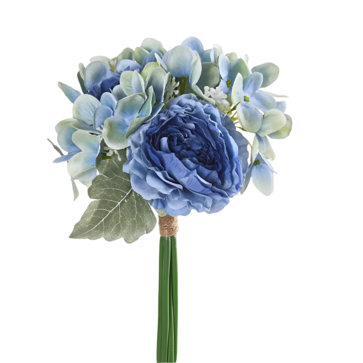 Artificial Blue Ranunculus Hydrangea Bouquet with blue hydrangeas, white ranunculus, and greenery, lifelike coastal-inspired floral arrangement.