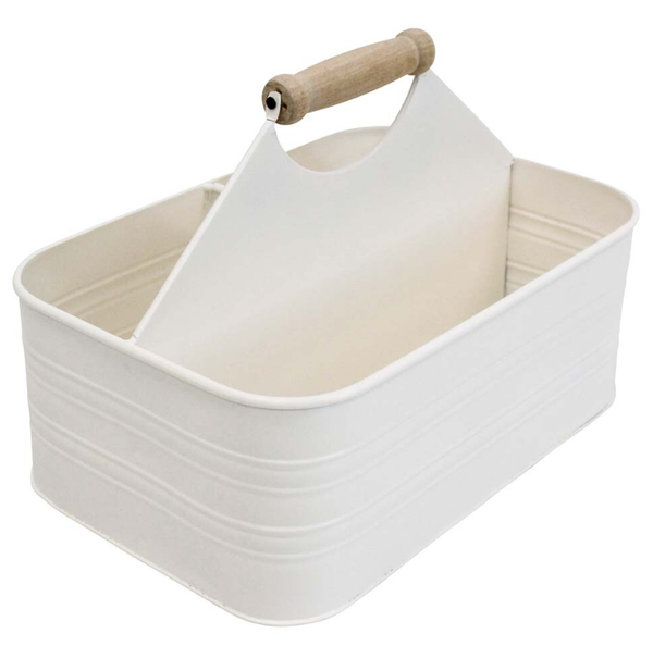 Metal Caddy with Wooden Handle Ivory