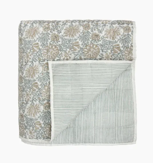 Athena Handblock Blue/Natural Coverlet Small folded showing back
