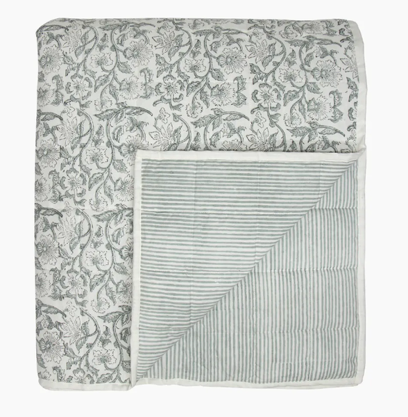 Athena Handblock Blue Coverlet Large showing bottom side with striped fabric