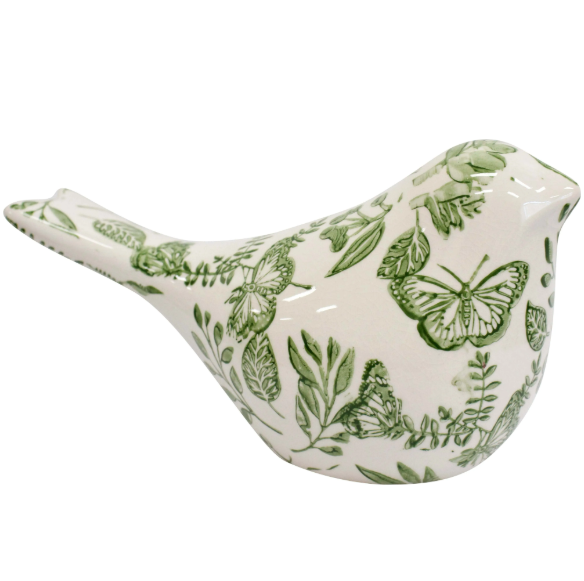 Handcrafted Enchanted Bird Green Ceramic Planter with butterfly detailing, soft green-and-white finish, 20.5x9x11.5cm