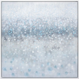 Framed Canvas Light Rain artwork in soft grey, white, and blue tones with abstract rainfall effect, 100x100cm.