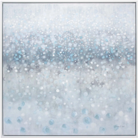 Framed Canvas Light Rain artwork in soft grey, white, and blue tones with abstract rainfall effect, 100x100cm.
