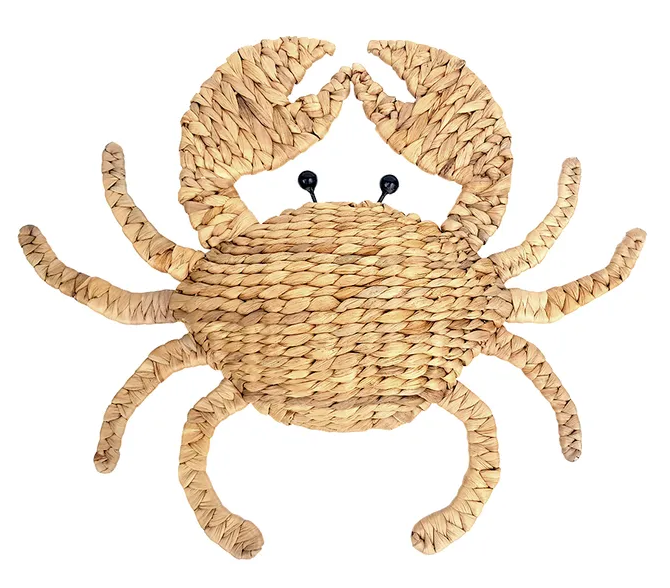 Natural woven crab-shaped wall hanging with textured design, measuring 50x45cm.