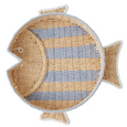 Woven fish-shaped trivet with blue and beige pattern on a white background