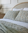 Athena Handblock Blue/Natural Pillow Covers (2PC) made up on bed