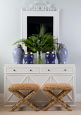 Laguna Cross Leg Stool with woven water hyacinth seat and natural timber frame, versatile coastal-style stool for bedroom, hallway, or living room.