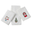 Set of three white cotton hand towels with embroidered Christmas motifs including ornaments, a Christmas tree, and a festive wreath window.