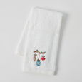 white cotton hand towel with embroidered Christmas baubles motif.