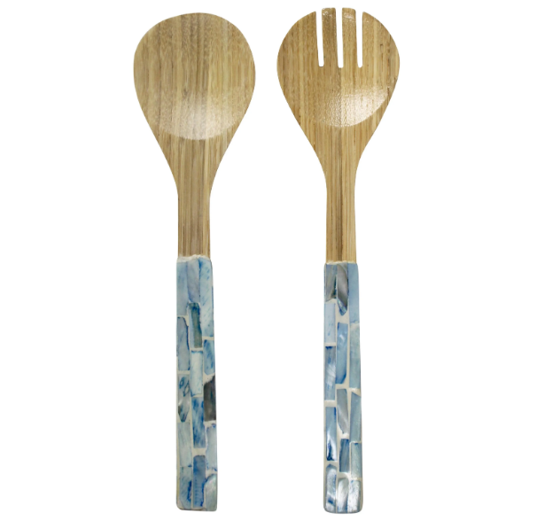 Servers Soft Blue Set/2 with natural bamboo spoons and soft blue Mother of Pearl handles.