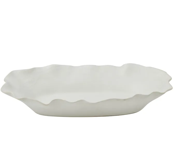 Verity Ceramic Shallow Bowl in natural white with softly ruffled edge, 25x44x7.5cm.